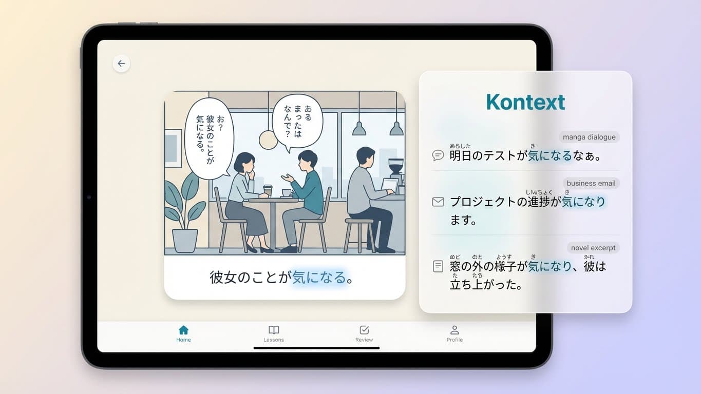 Kontext integration showing real Japanese sentences with context