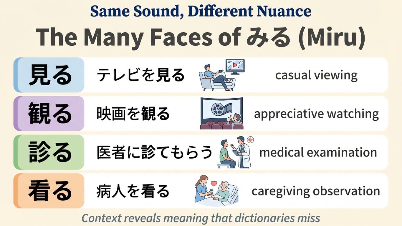Visual breakdown of miru kanji variations with contextual examples