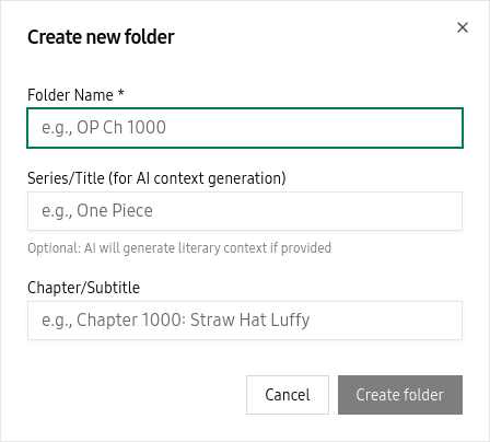 Create new folder dialog with name and series fields