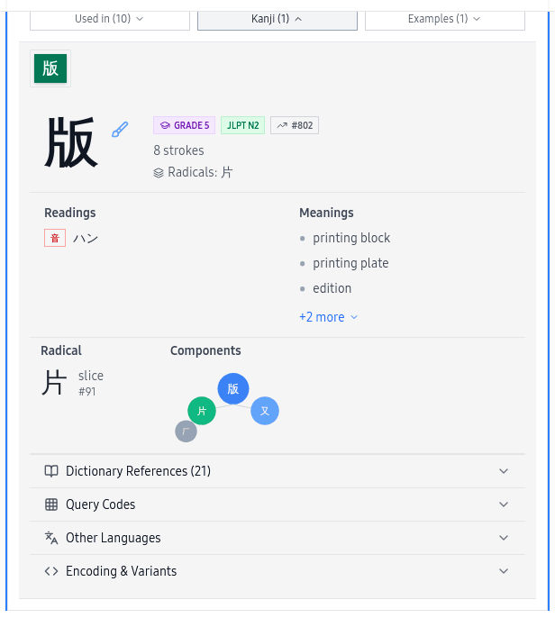 Kanji detail card showing readings, meanings, JLPT level, radical breakdown, and component tree