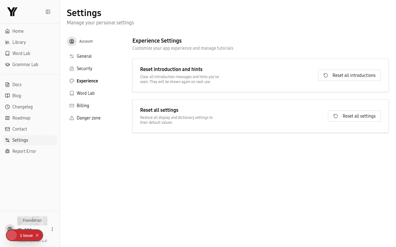 Experience settings page with reset options for introductions and preferences