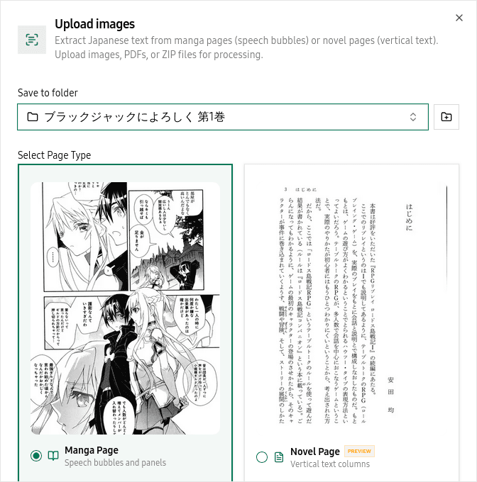 Upload dialog showing Manga and Novel page type options